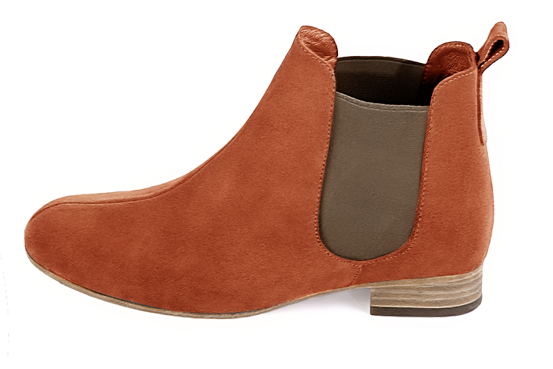 Terracotta orange and taupe brown dress ankle boots for men. Round toe. Flat leather soles. Profile view - Florence KOOIJMAN